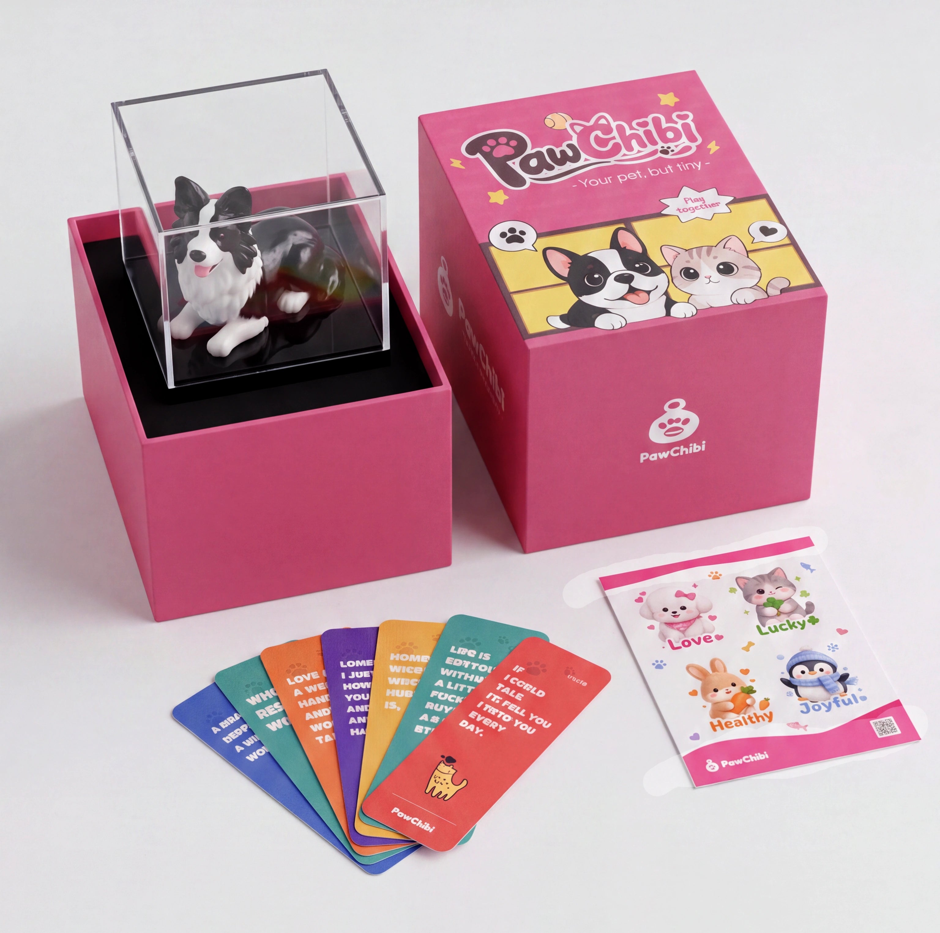 Actual PawChibi pink box, clear display cover, black base and printed extras