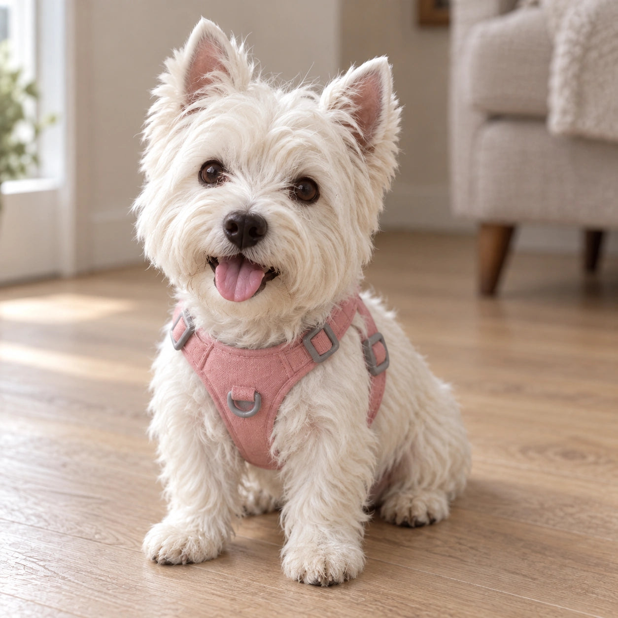 Illustrative living Westie with a dusty pink harness in a naturally lit home
