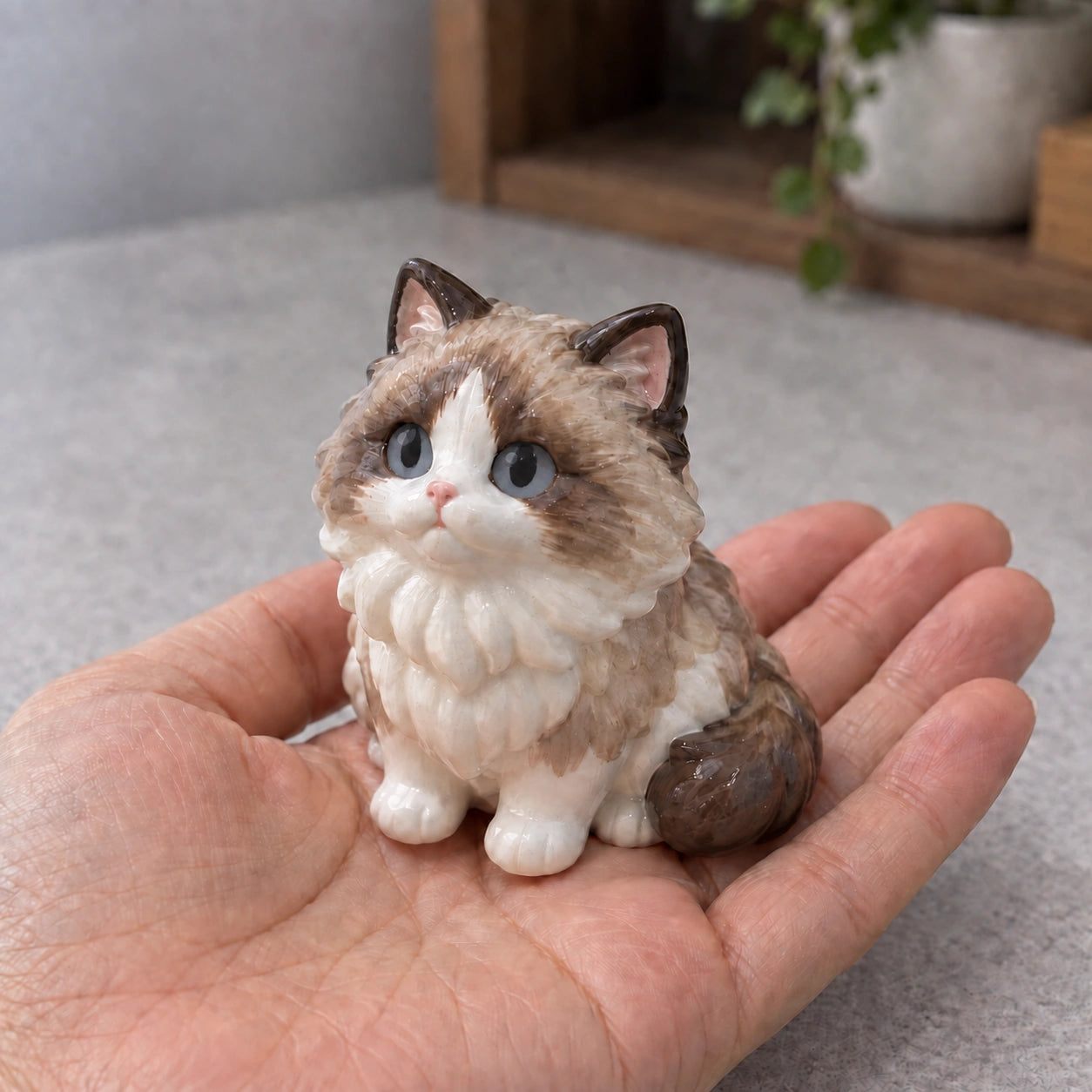 Seal-bicolor Ragdoll chibi resin figurine resting in a hand, with layered painted markings and broad sculpted tufts
