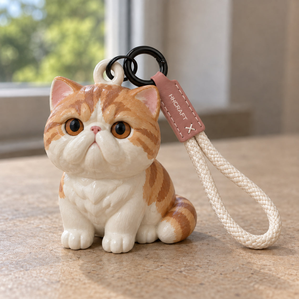 Illustrative cream-and-orange Exotic Shorthair chibi resin keychain with painted copper eyes and braided wrist cord