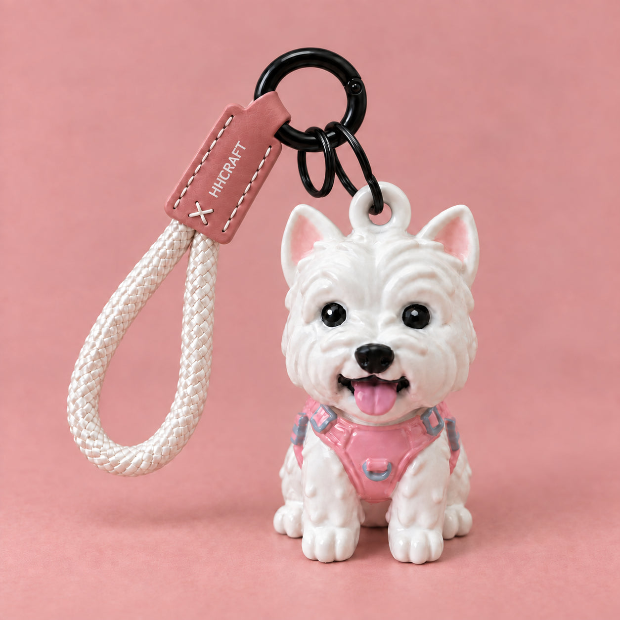 White Westie resin keychain, pink harness, ivory braided loop, stitched rose leather tab and round black ring