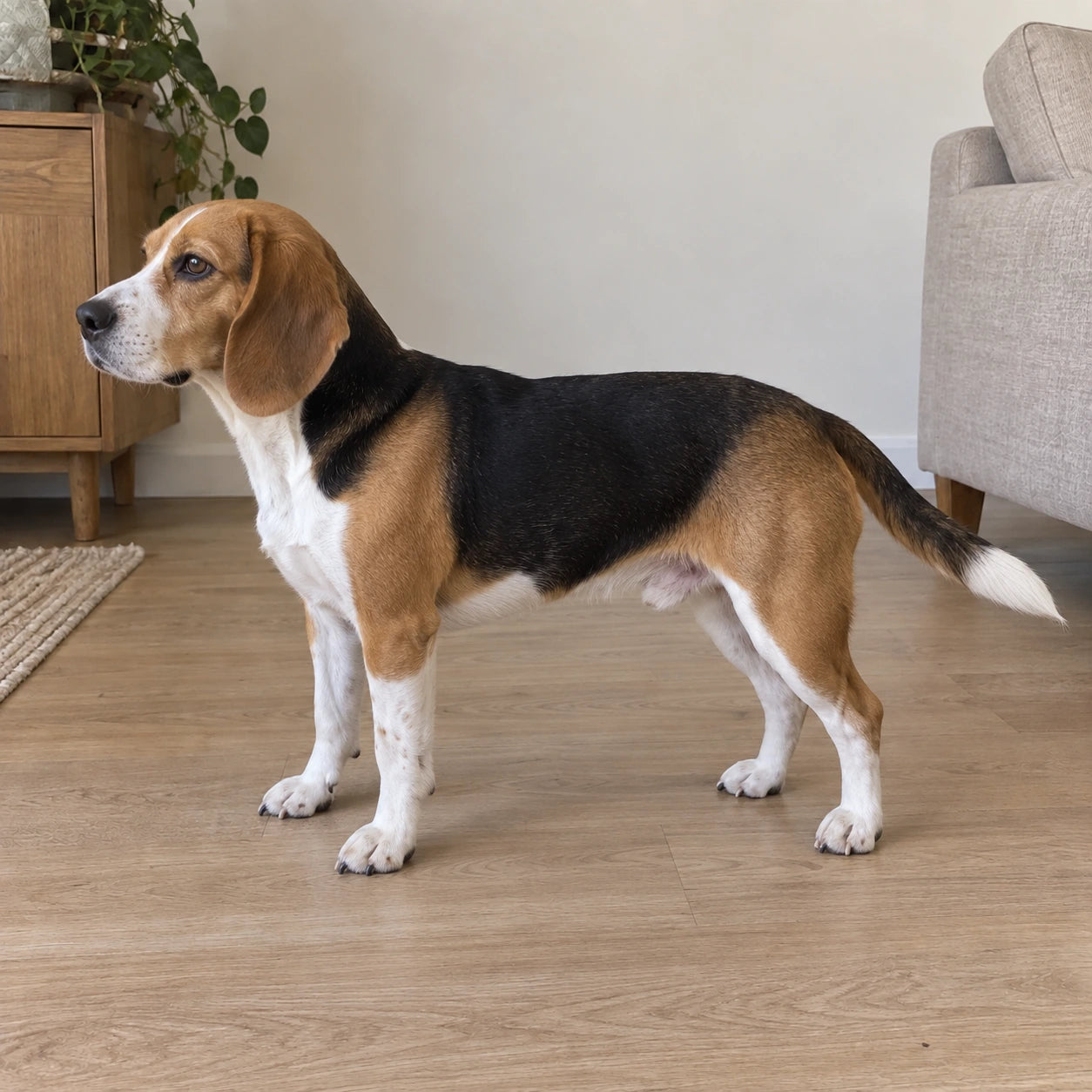 The same tricolor beagle seen from the side, with the body, legs and tail visible.