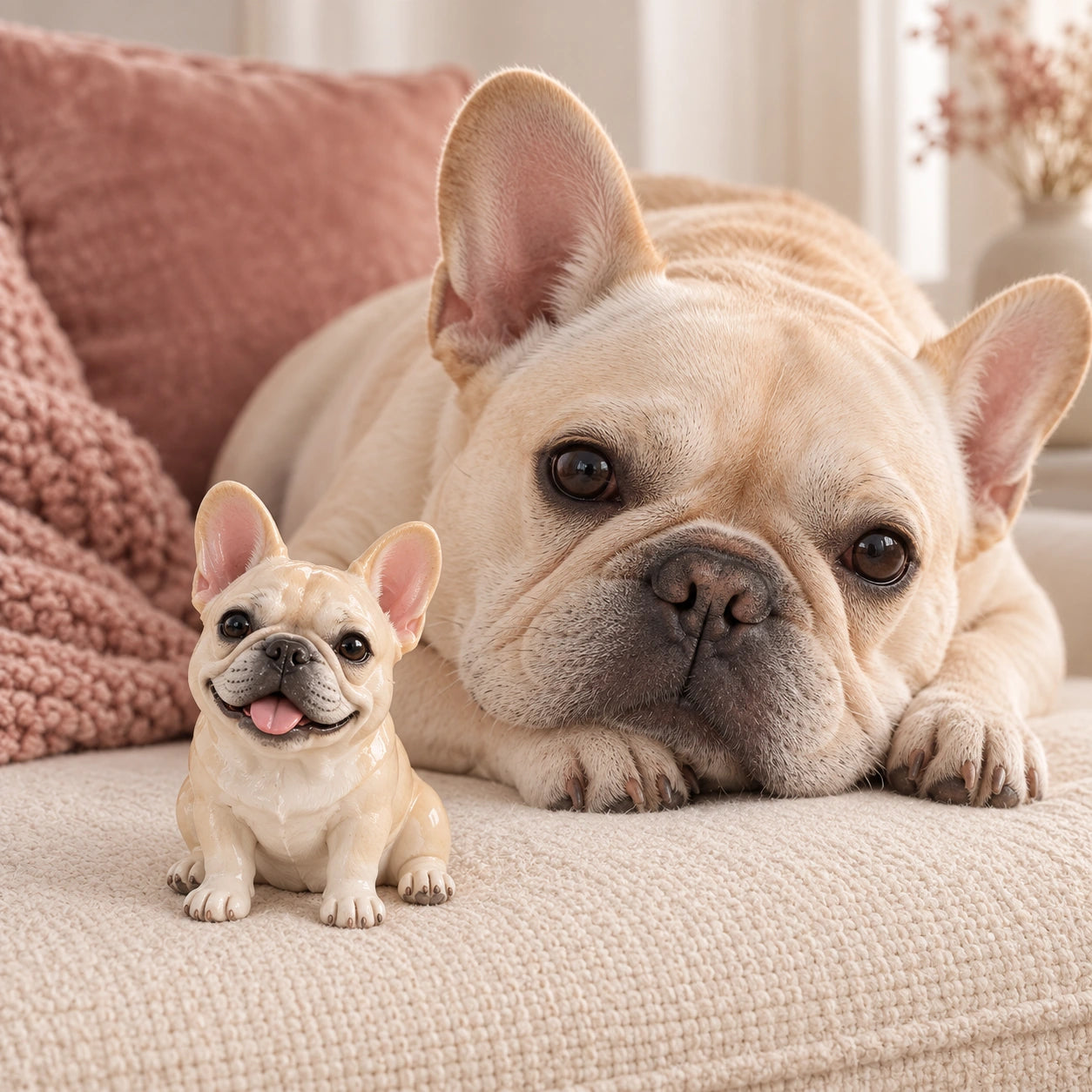 A cream French bulldog resting beside its tiny painted resin twin in a warm home