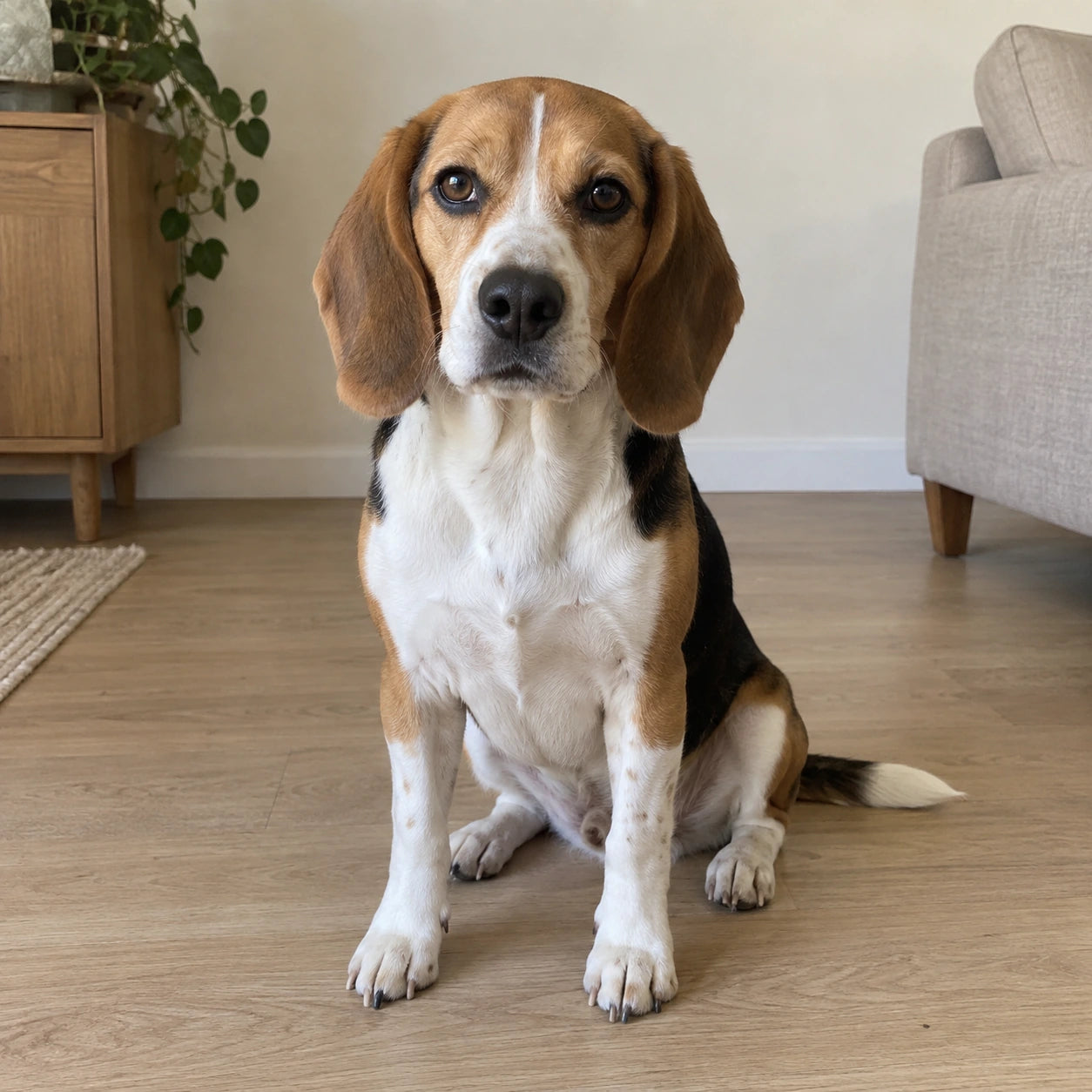 A tricolor beagle seen from the front at eye level, with the whole face visible.