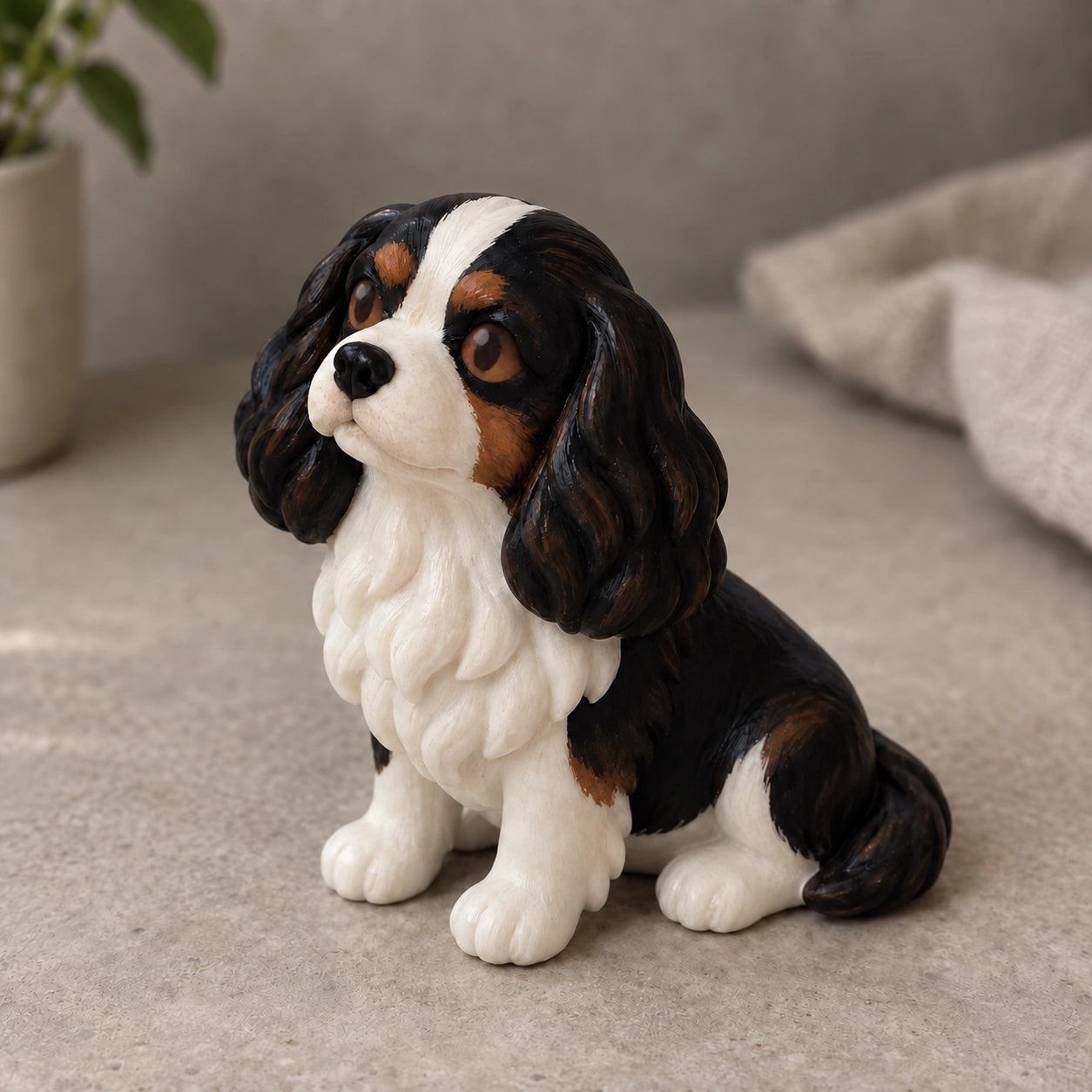 Tricolor Cavalier chibi resin figurine with ivory, chestnut and deep brown-black painted details
