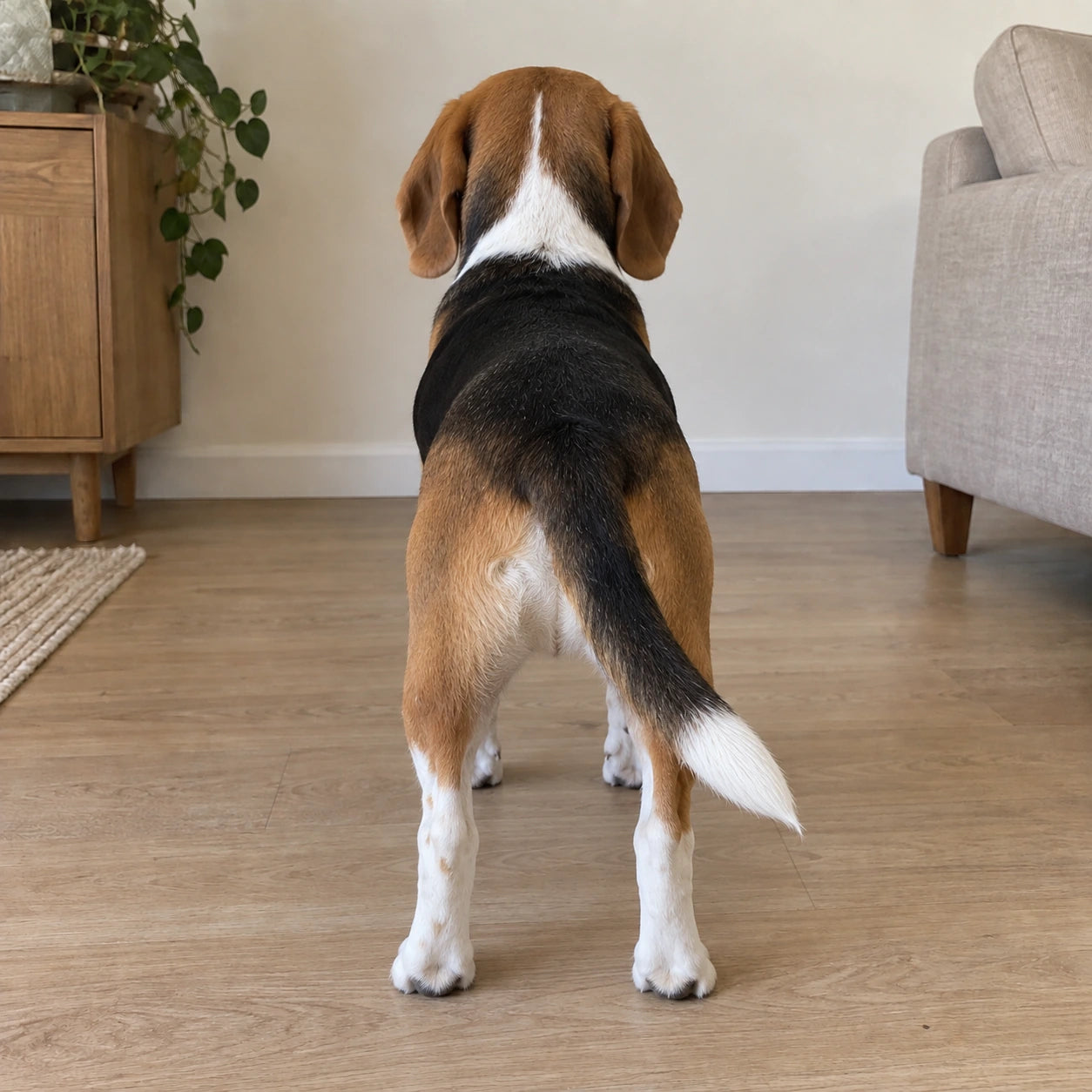 The same tricolor beagle seen from behind, showing the back markings and tail.