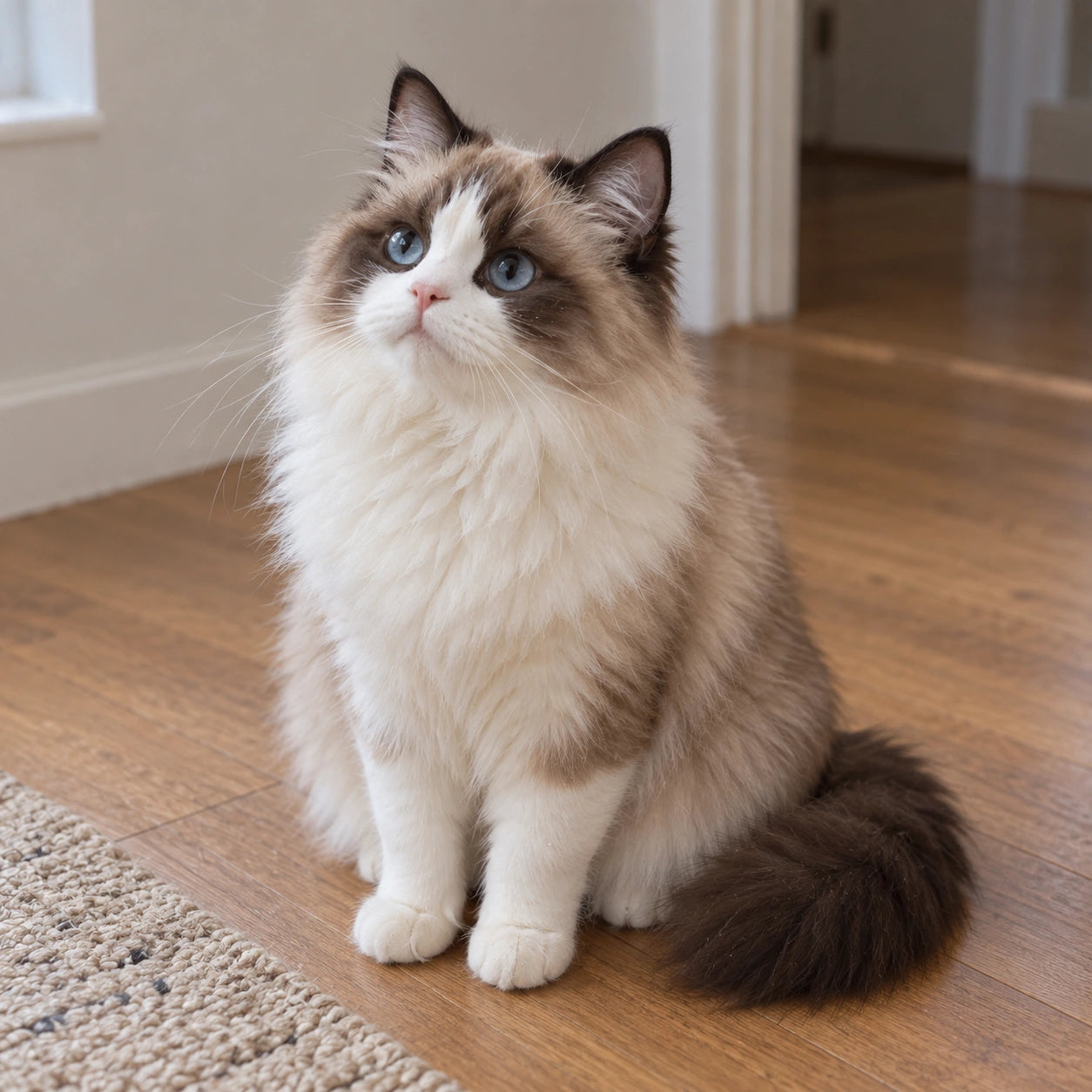 Illustrative living seal-bicolor Ragdoll cat in a naturally lit home